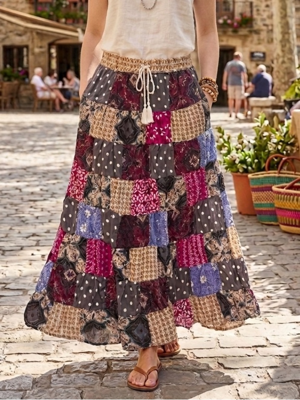Y2K Boho Patchwork Tiered Maximalist Floral Maxi Skirt OS Shabby Chic Prairie - Picture 1 of 11